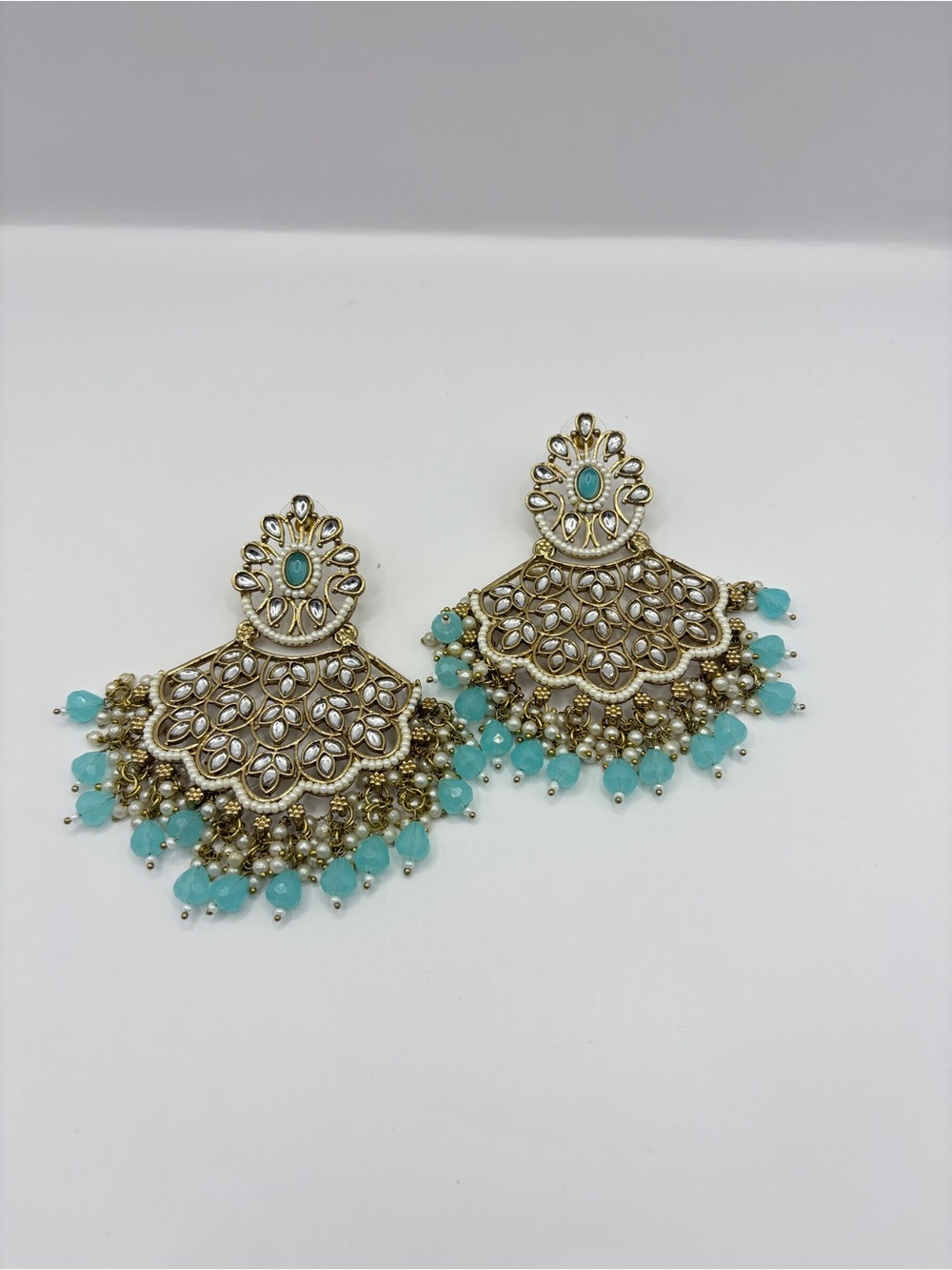 Gold-Tone Kundan Filigree Earrings with Aqua Glass Bead Fringe